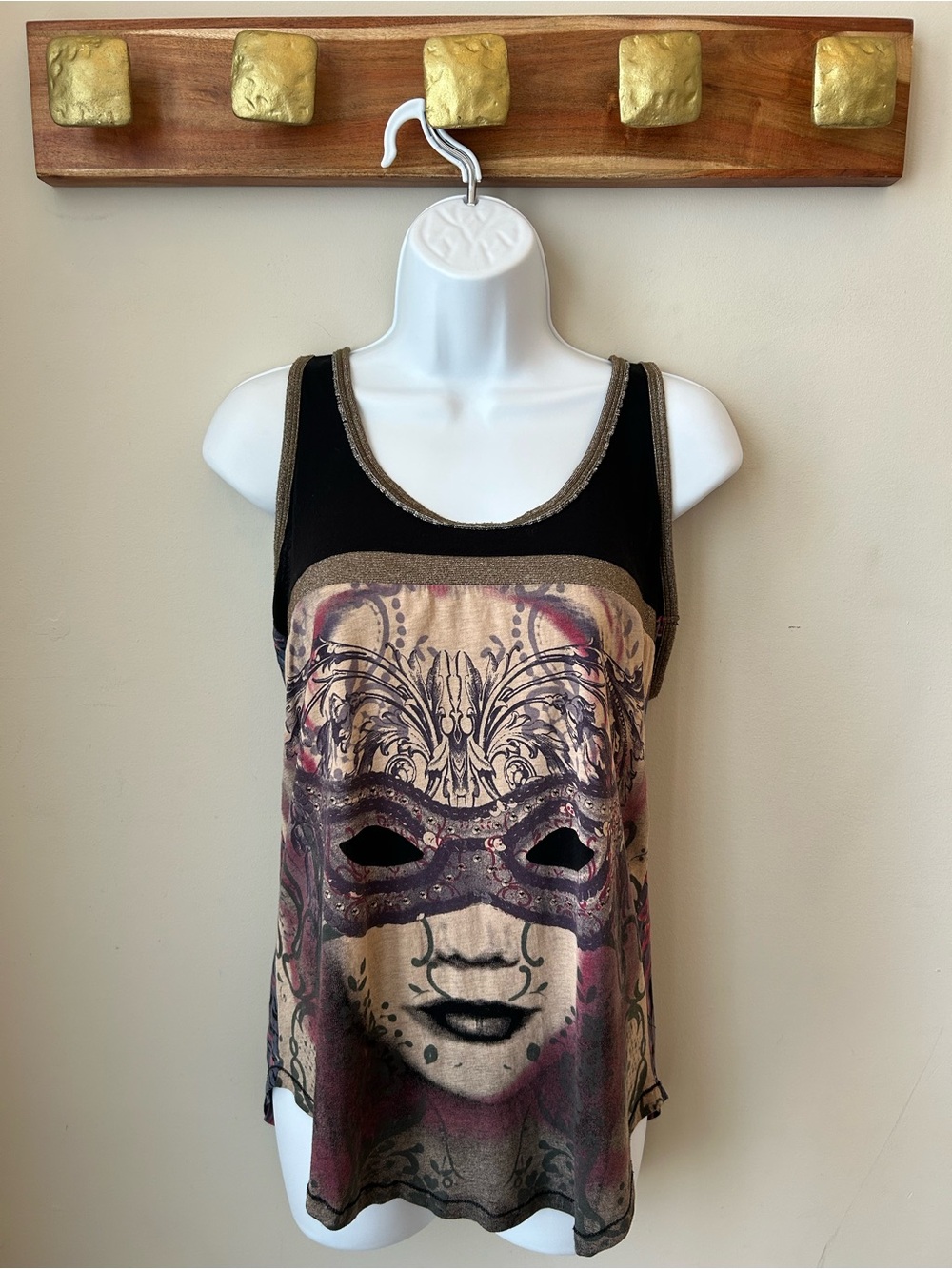Custo Barcelona Artsy Graphic Mask Tank Y2K Boho Festival Goth Top